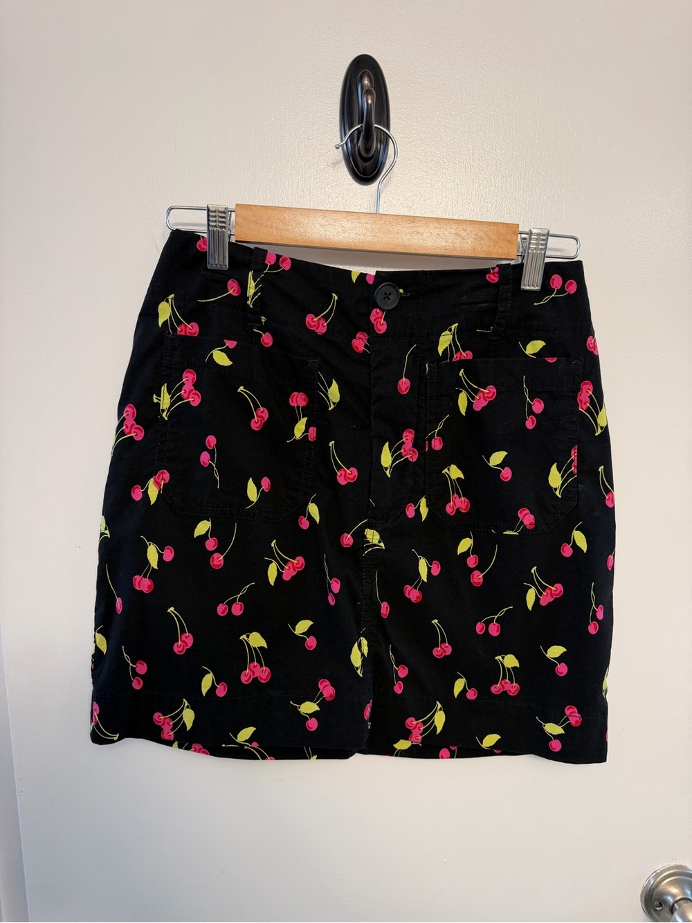 Maeve by Anthropologie Black Mini Skirt with Pink Cherries